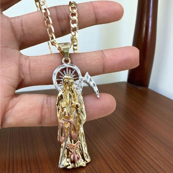 14K GP Grim Reaper Pendant Iced Bling Santa Muerte Miami Cuban Chain Jewelry - Picture 1 of 3